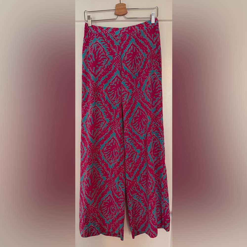 Lilly Pulitzer Pink  and Teal Floral Print Palazzo Pants